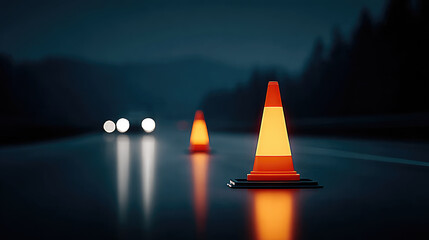 Emergency road cones marking hazardous area nighttime highway scene photography urban environment low light viewpoint safety awareness