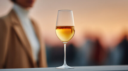 Elegant white wine glass reflecting sunset over scenic landscape outdoor gathering lifestyle photography warm atmosphere close-up perspective
