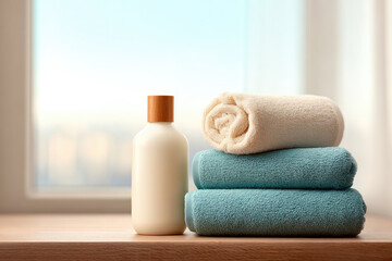 Relaxing spa treatment setup luxurious towels and body lotion on wooden surface bright room aesthetic photography calm environment