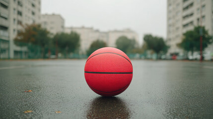 Basketball action on urban court rainy day outdoor sports photography city environment low angle view urban lifestyle concept