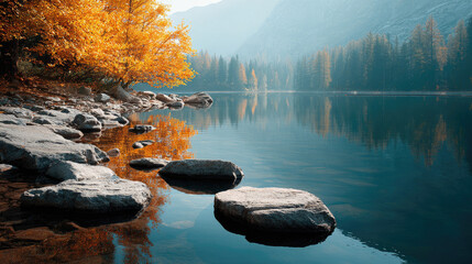 Serene autumn reflection on tranquil lake nature landscape photography peaceful environment scenic viewpoint captivating concept