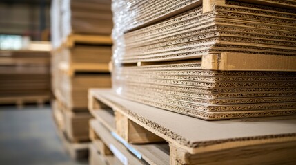 Close-up of stacked corrugated cardboard sheets on pallets in a warehouse.