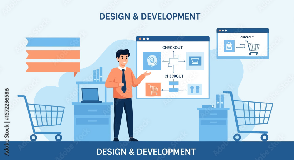 Poster website checkout process creation with development vector design concept