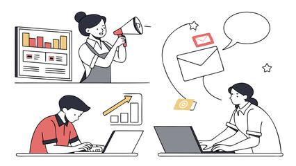 Team collaborating on business growth and communication strategy isolated on white background