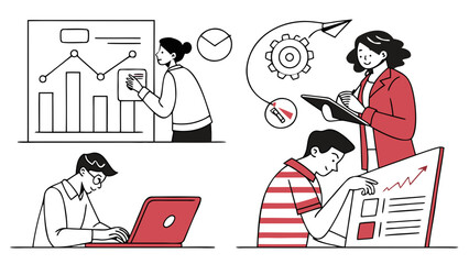 Business team collaborating on data analysis and project planning isolated on white background