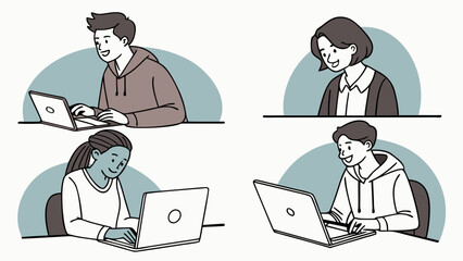 Four diverse people working on laptops isolated on white background