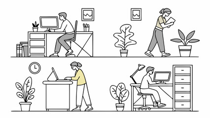 Diverse people working in modern office spaces with plants and computers isolated on white background