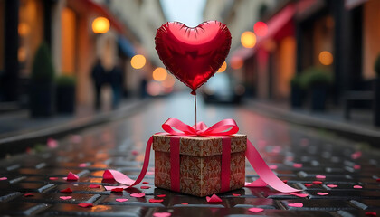A festive scene with a gift box, red heart-shaped balloon, and falling rose petals on a street, emphasizing love and celebration, captured in vibrant colors in 4K and HD.