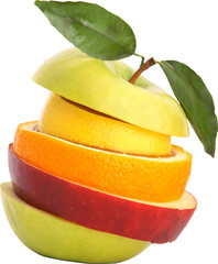 Creative stacked slices of green apple orange and lemon with leaves isolated on transparent...