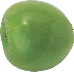 Fresh green apple with water droplets showing texture and shine isolated on transparent background
