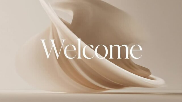 Minimalist "Welcome" text over elegant swirl of smooth beige fabric, suitable for classy intro animations, formal event visuals, or premium presentation openings.