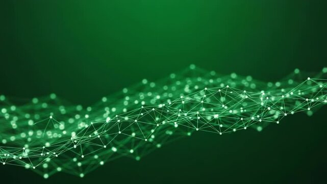 A vibrant green network of interconnected nodes creates a futuristic and technological background