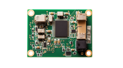 A detailed view showcasing a green electronic circuit board with components isolated on transparent background