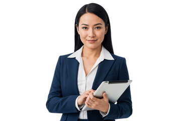 Young business woman holding a tablet, ready for modern work, isolated on transparent background