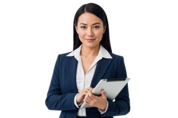 Young business woman holding a tablet, ready for modern work, isolated on transparent background