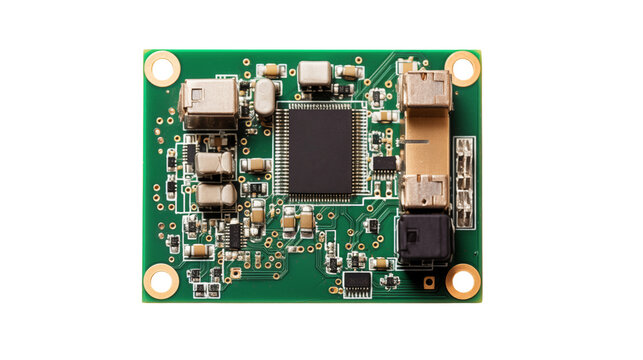 A detailed view showcasing a green electronic circuit board with components isolated on transparent background