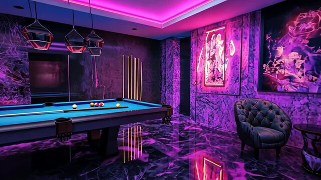 Purple-lit billiard room with modern furnishings