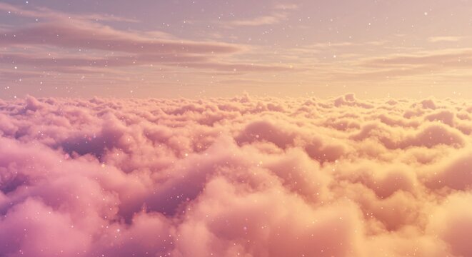 Aerial view of pink and golden clouds illuminated by sunlight, resembling a dreamscape