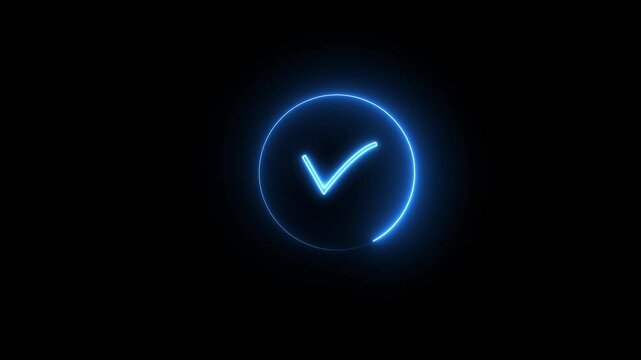 Glowing neon blue color tick mark sign sample motion background. blue checkmark inside a circle animated on a black background. Right mark icon.  4k video.