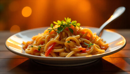 Gourmet Pasta Dish – Fresh Cooked Noodles with Vegetables, Chicken, and Seafood on Plate

