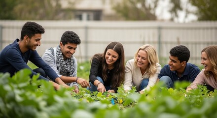 Diverse Group of Young Adults Gardening Together, Cultivating Community and Growth