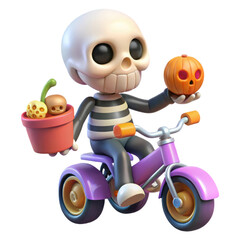 Cute cartoon skeleton character riding a tricycle holding a pumpkin and a pot of spooky plants isolated on transparent background