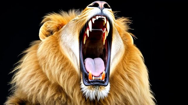 Lion yawning wide, golden mane against black