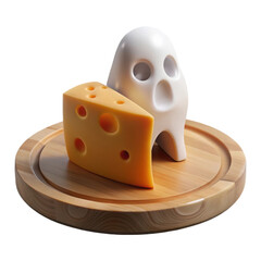 Whimsical ghost character peeking from behind a slice of swiss cheese on a wooden board isolated on transparent background