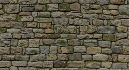 Obraz premium A closeup view of an old stone wall featuring irregular blocks of various shades of grey brown and beige with green moss