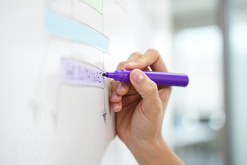 Person writing on a whiteboard with a purple marker in a bright office space