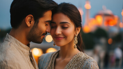 close up of young indian couple standing together