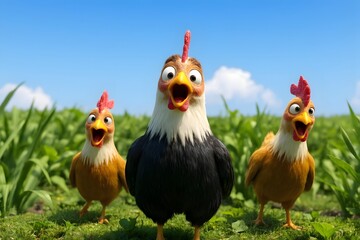 Fototapeta premium Three Cheerful Chickens in a Sunny Field
