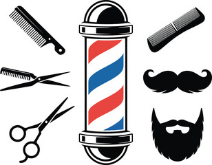 A barber pole with combs, scissors, a mustache, and a beard on a white background