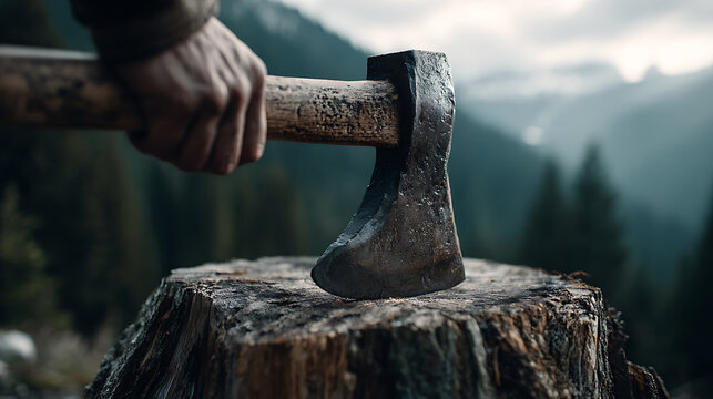 Hand Holding Axe Resting on Tree Stump with Forest Background
