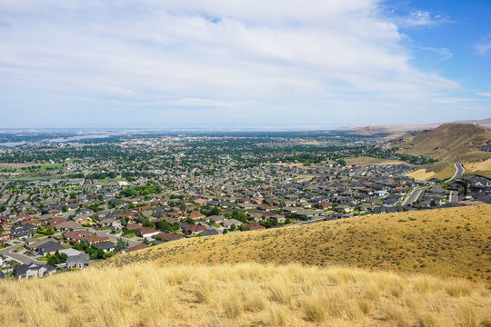 Tri-Cities, Washington cities of Kennewick, Pasco and Richland viewed from high point with Columbia River in distance