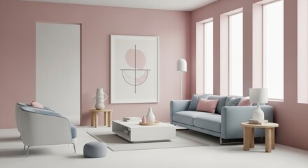 Serene Minimalist Living Room Design Blush Pink and Light Blue