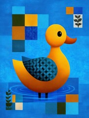 Cubist Yellow Duck on Blue Geometric Background