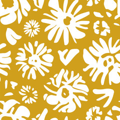 Abstract flowers seamless pattern of stylized cheerful white leaves on a yellow background. Floral playful plant shapes wallpaper illustration. Featuring endless leaves vector texture.