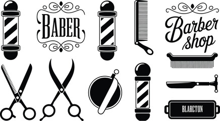 Black and white vector illustration of various barber shop related items