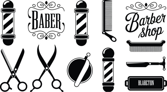 Black and white vector illustration of various barber shop related items
