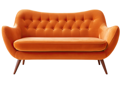 Orange velvet loveseat, curved arms, tufted back