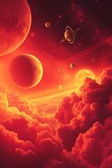Obraz premium A cosmic scene of planets and clouds bathed in warm, fiery light