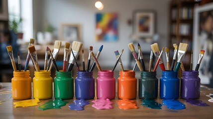Colorful Acrylic Paint Jars with Brushes on Wooden Table 