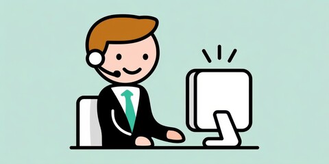 Line Art Illustration of Male Operator at Computer