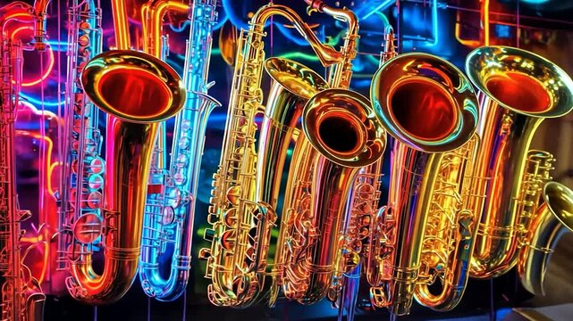 Colorful saxophone instruments in vibrant neon lights