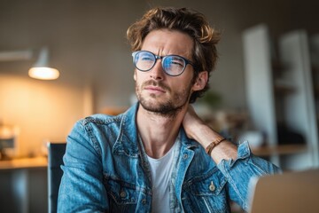 Fototapeta premium A young professional is working at a desk, experiencing neck pain from prolonged computer use. They are wearing glasses and a casual shirt with a denim jacket in a home office interior.