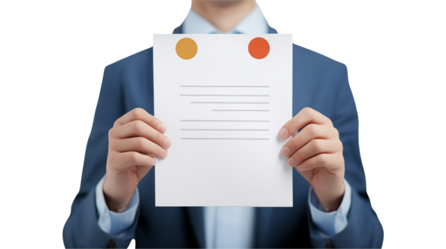 Man holds a white document mockup with a transparent background in business attire