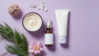 An assortment of natural skincare jars and bottles with green leaves and flowers, emphasizing organic beauty solutions, set on a soft lilac background, in 4K and HD.