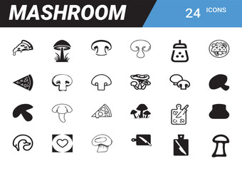 Mushroom Icon Set: A comprehensive collection of 24 unique mushroom icons, perfect for culinary, botanical, or gaming projects.  These versatile icons are designed in a simple, modern style.