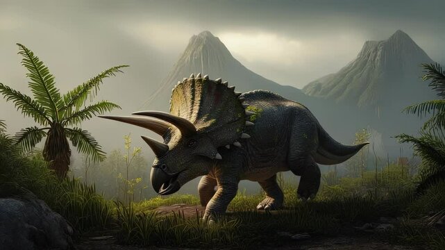 A massive triceratops with weathered horns and moss-covered skin walks slowly through lush ferns in a misty primeval forest. Distant volcanoes rumble in the background as it explores